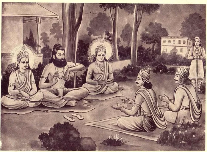 Rajarshi Janaka Maharaja meets Vishwamitra, Rama, and Lakshmana
